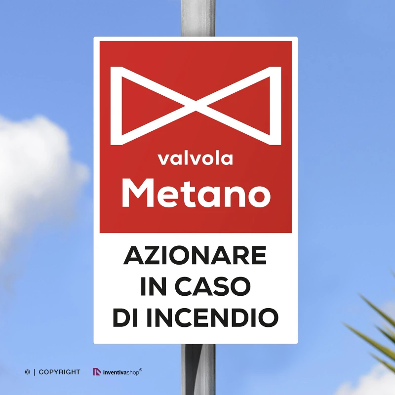 Cartello azionare valvola metano, verticale