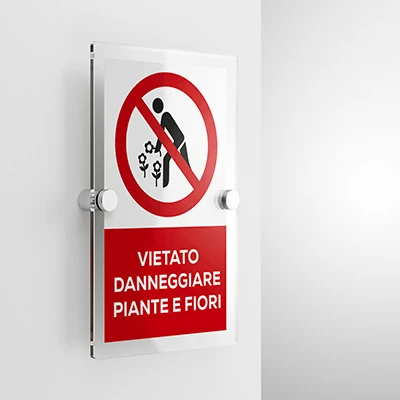 Cartello vietato danneggiare piante e fiori con testo, verticale