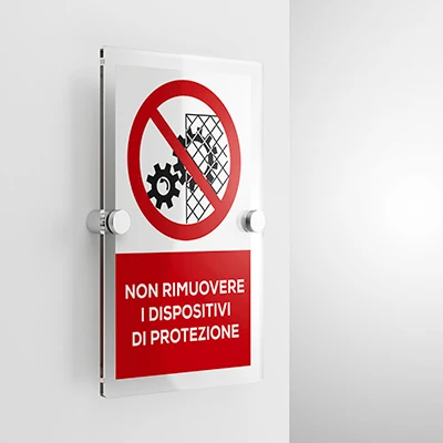 Cartello non rimuovere i dispositivi di protezione con testo, verticale
