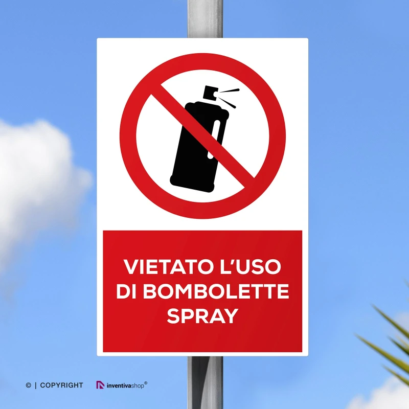 Cartello vietato l'uso di bombolette spray con testo, verticale