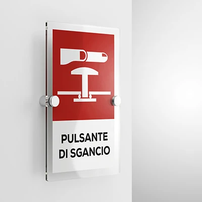 Cartello pulsante di sgancio con testo, verticale