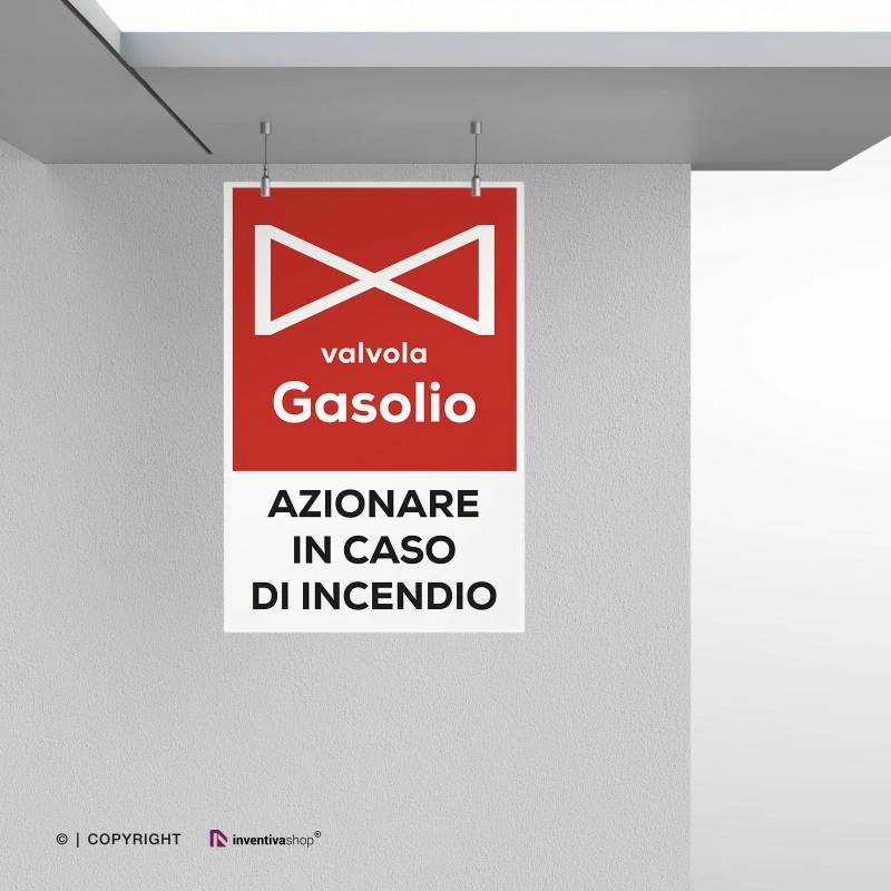 Cartello azionare valvola gasolio in caso di incendio, verticale