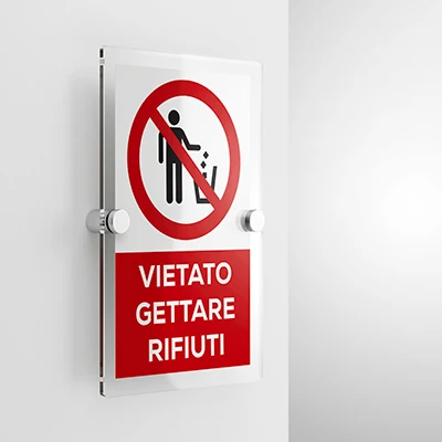 Cartello vietato gettare rifiuti con testo, verticale