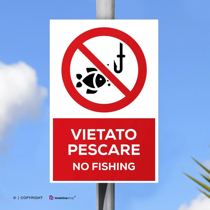 Cartello vietato pescare con testo, verticale