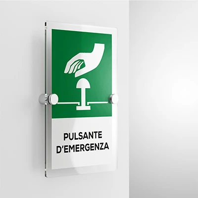 Cartello pulsante d'emergenza verticale con testo