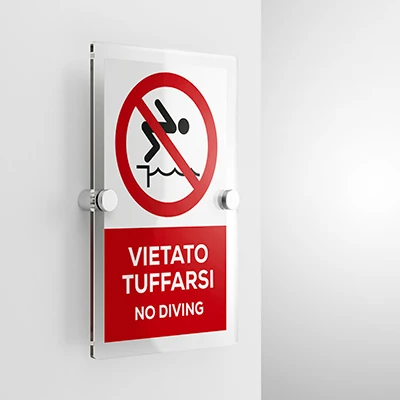 Cartello vietato tuffarsi con testo, verticale