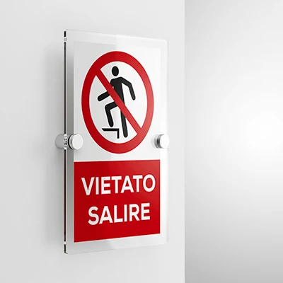 Cartello vietato salire con testo, verticale