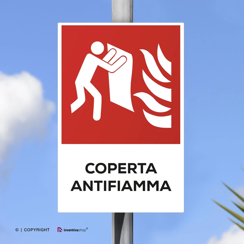 Cartello coperta antifiamma con testo, verticale
