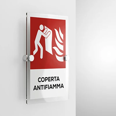 Cartello coperta antifiamma con testo, verticale