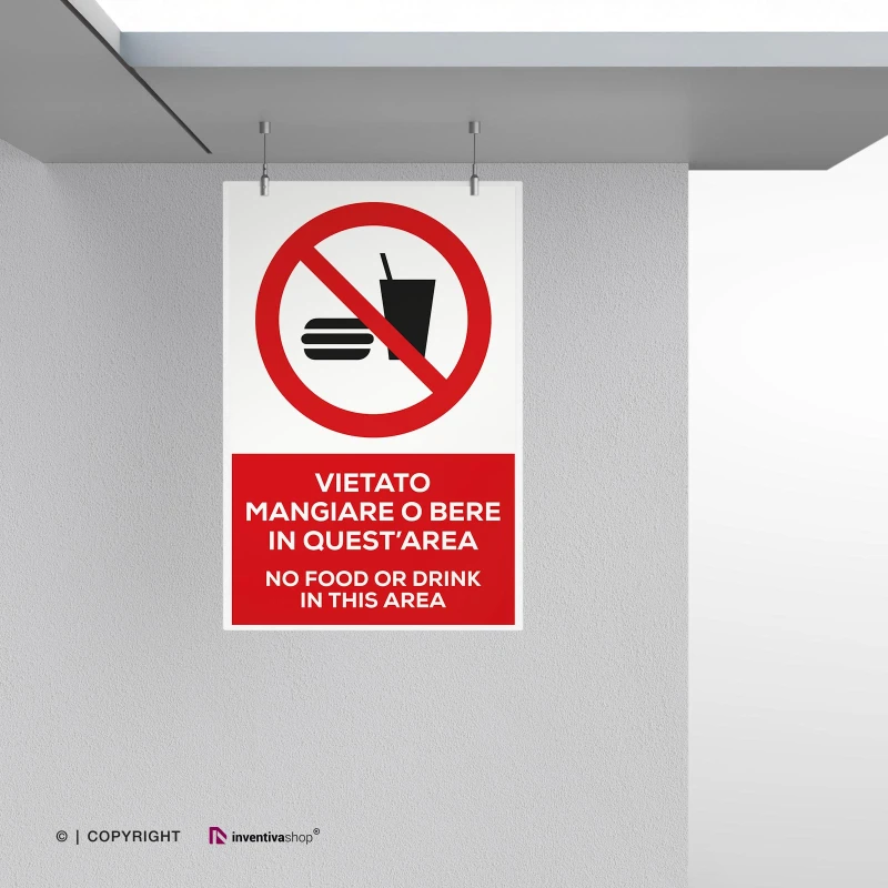 Cartello vietato mangiare o bere in quest'area con testo, verticale